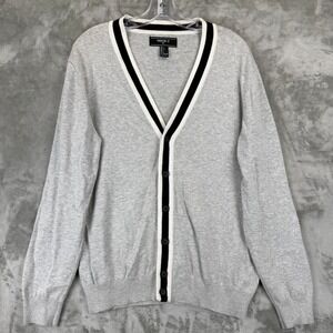 Forever 21 Men Gray Varsity Stripe V-Neck Button Front Cardigan Sweater Large
